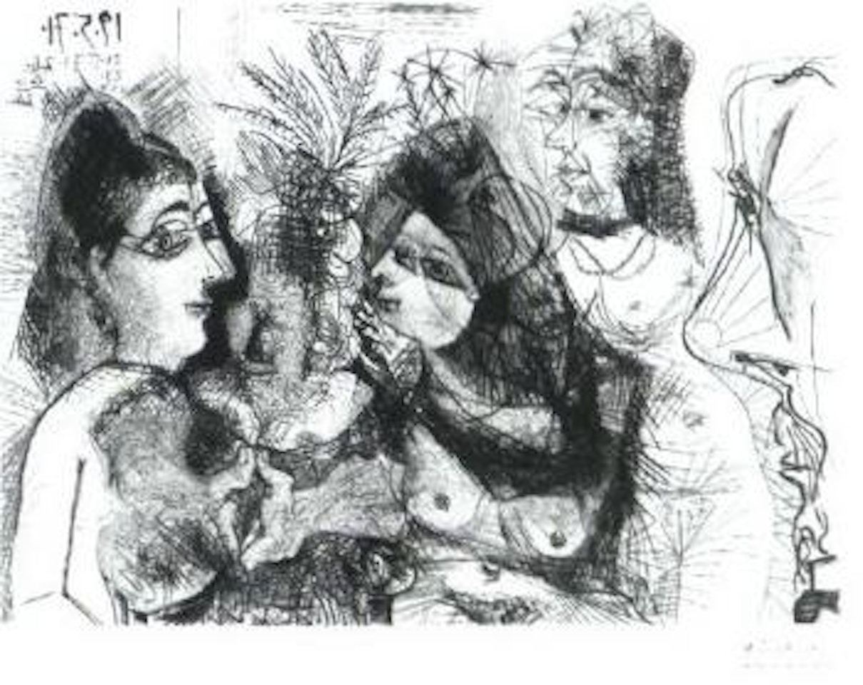 Maison close, medisances, avec profil de Degas au nez fronce by Pablo Picasso