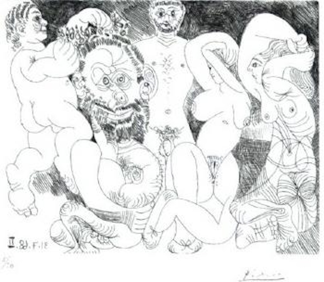 Scene champetre, avec barbu couronne de fleurs par un putto, et femmes by Pablo Picasso