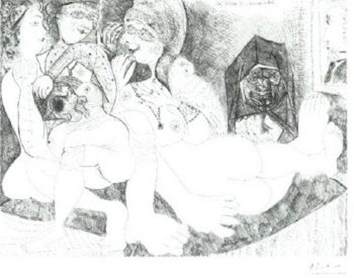 Maison close, bavardages, avec perroquet, Celestine et le portrait de Degas by Pablo Picasso