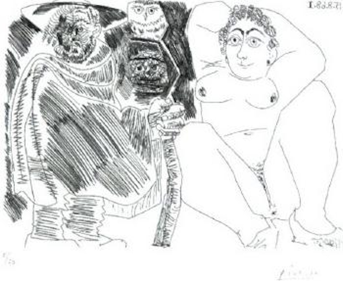 Grosse prostituee, sorciere a la chouette et voyageur en sabots by Pablo Picasso