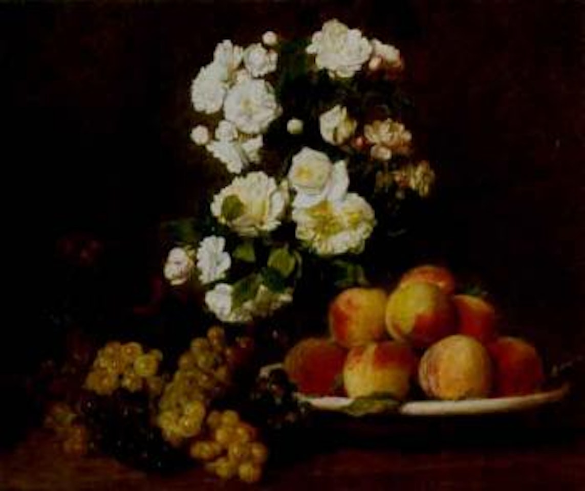 White roses in a vase with peaches and grapes on a table by Victoria Fantin-Latour