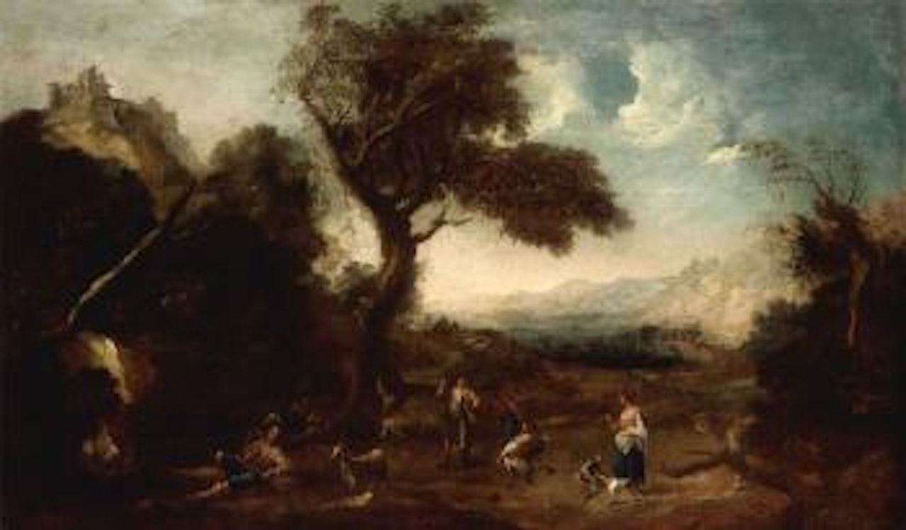 Extensive landscape with huntsmen in the foreground by Francesco Zuccarelli
