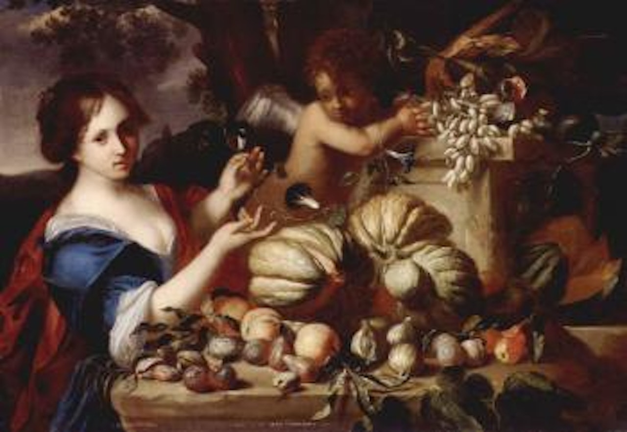 Melons, grapes and other fruits on a ledge, with a lady in a blue dress and a putto by Michele Pace del Campidoglio