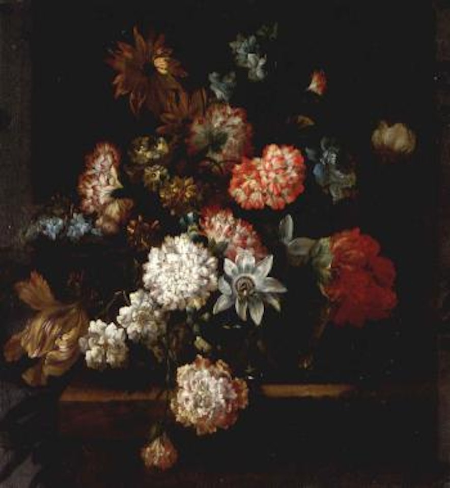Crysanthemums, morning glory and other flowers in a glass vase by Jean Baptiste Monnoyer