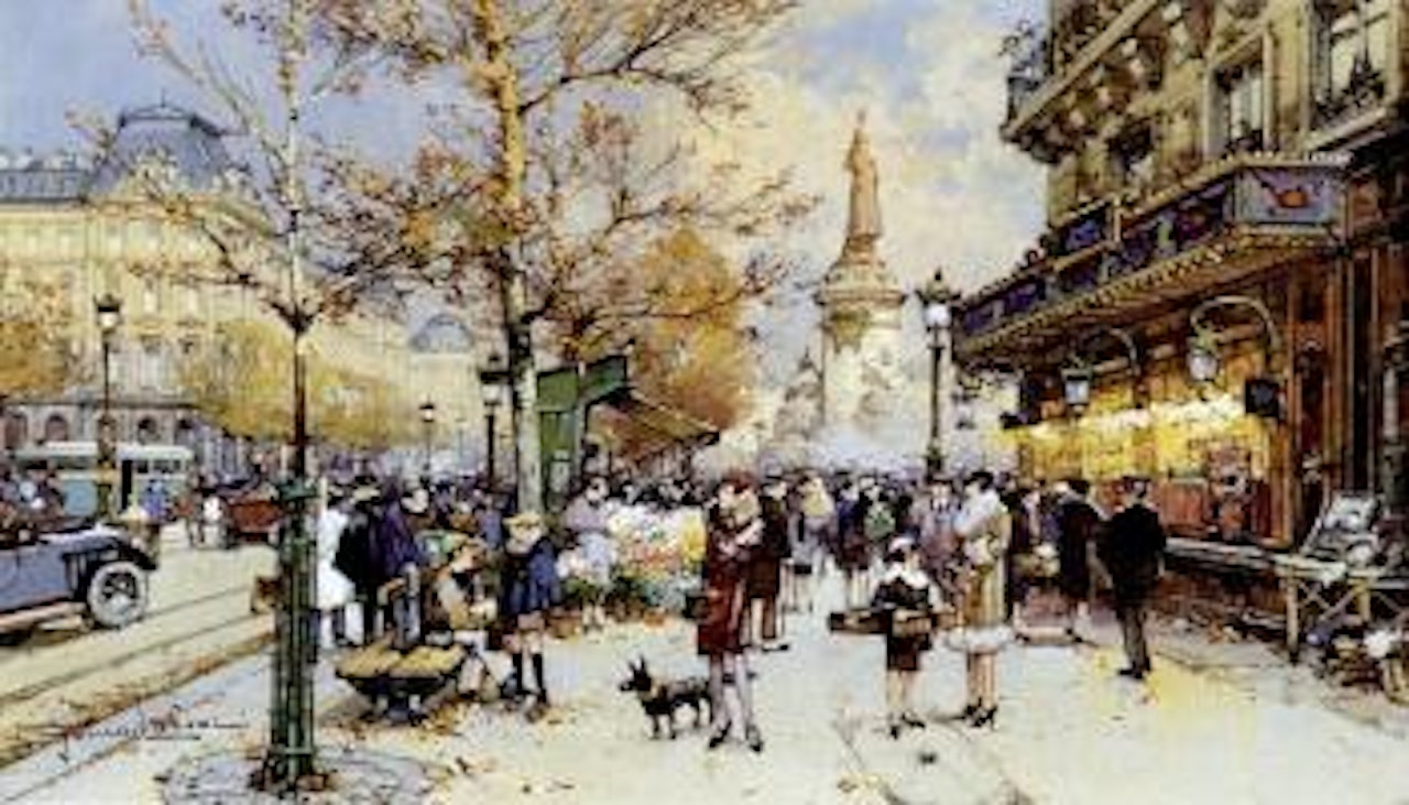 Paris, Place de la Republique, the flower market by Eugene Galien-Laloue