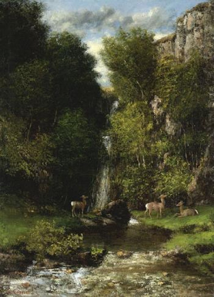 Family of deer in a landscape with a waterfall by Gustave Courbet