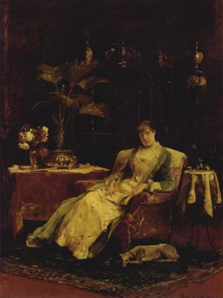 Lady seated in an elegant interior by Michael von Munkacsy