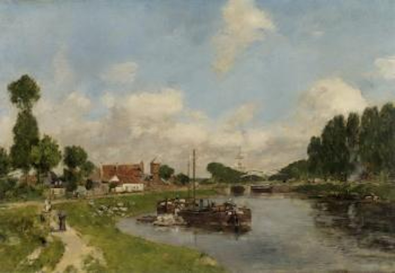 Saint Valery sur somme, Peniches sur le canal by Eugène Boudin
