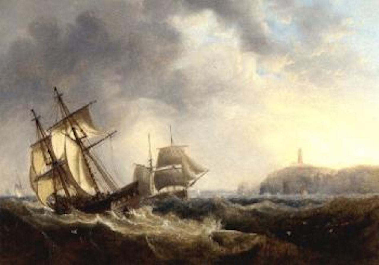 Trading brigs passing in the Channel off Flamborough Head. Shipping becalmed in the Humber by John Wilson Carmichael