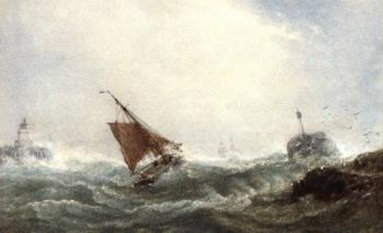 Fishing boat heading out to sea in a heavy swell by Edward Duncan