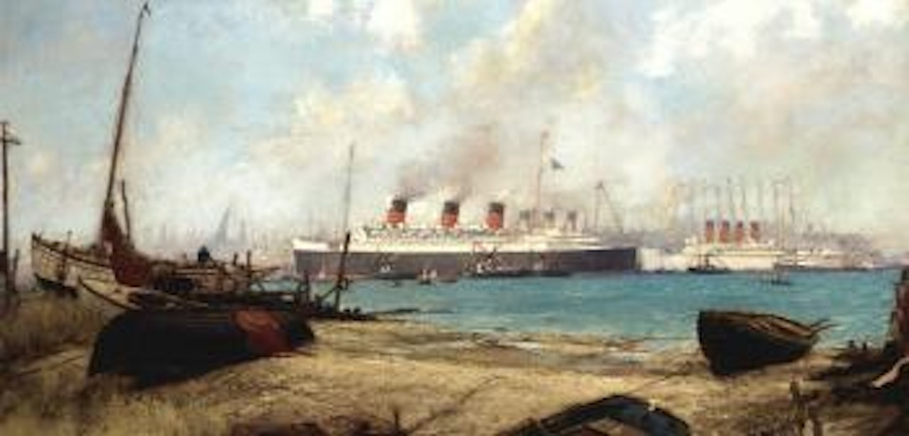 Arrival of the Queen Mary at Southampton after her maiden voyage by Montague Dawson