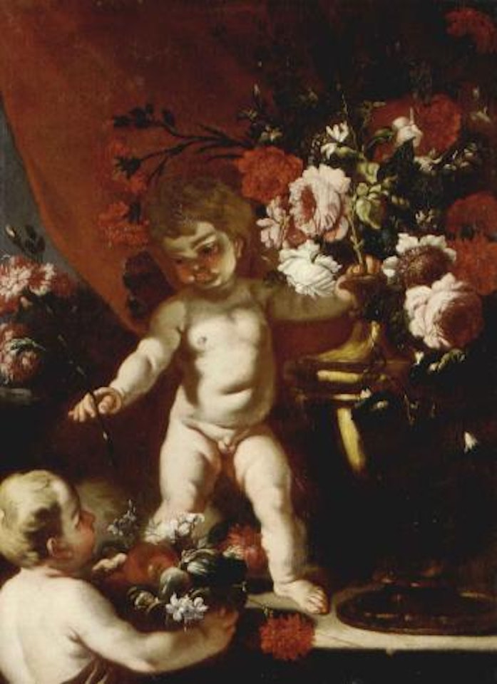 Putti with carnations, roses and other flowers in urns by Abraham Brueghel by Francesco Solimena