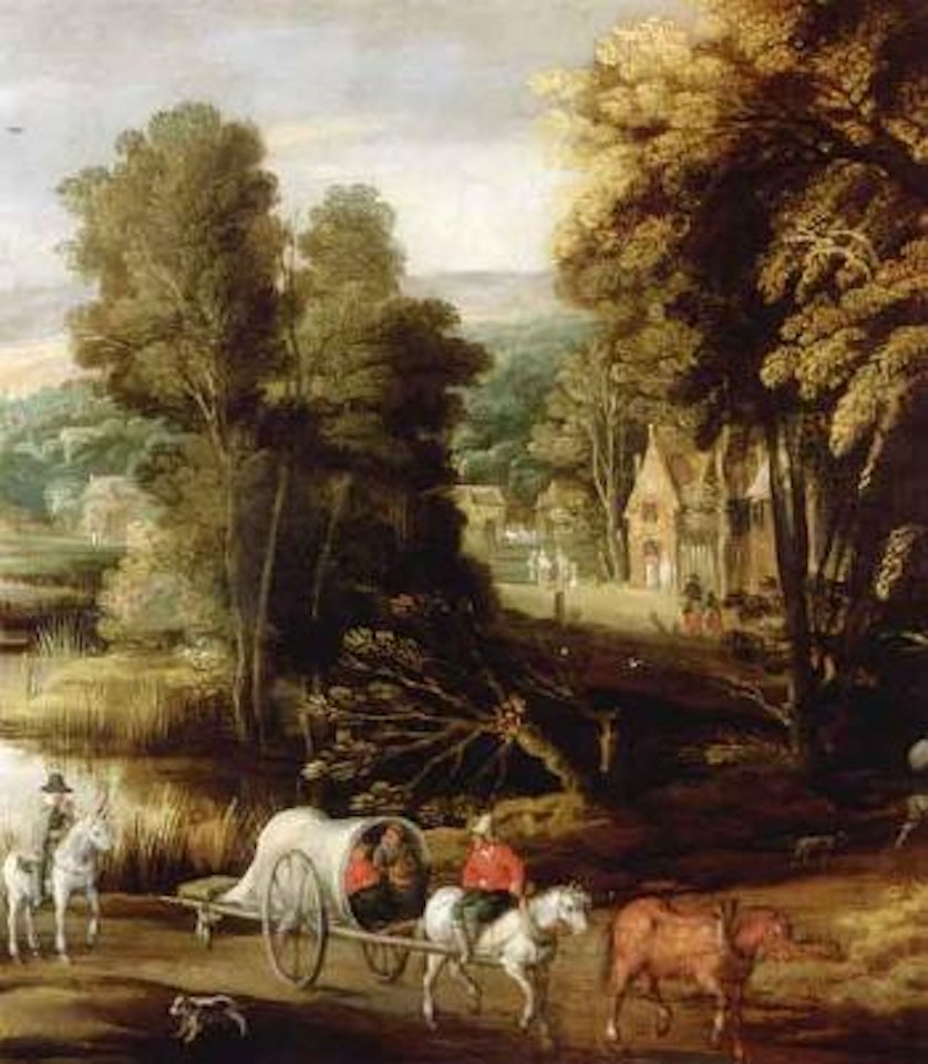 Landscape with waggoners beside river, village beyond by Joos de Momper the Younger