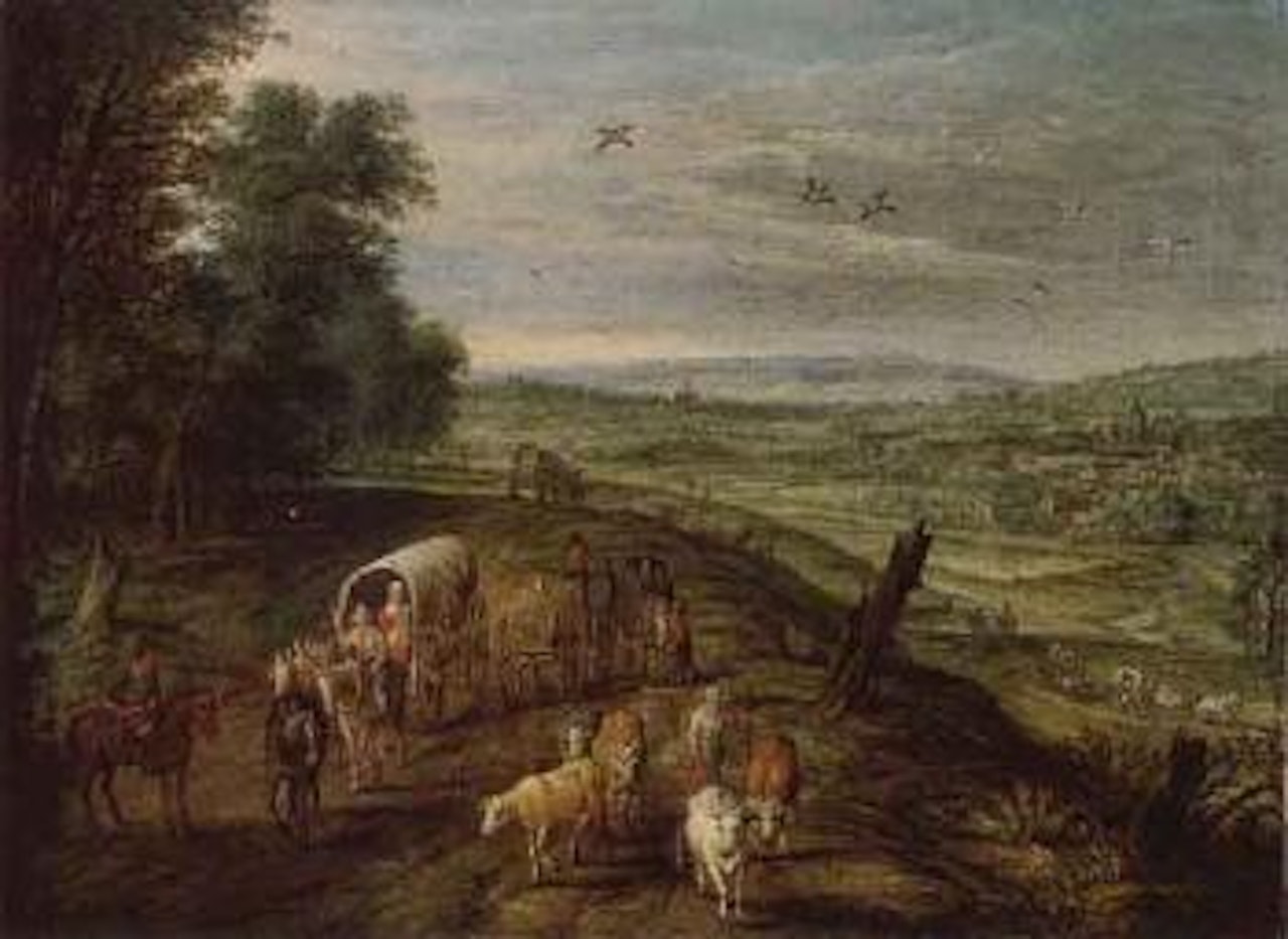 Open landscape with waggoners and drovers on track by Jan Brueghel the Younger