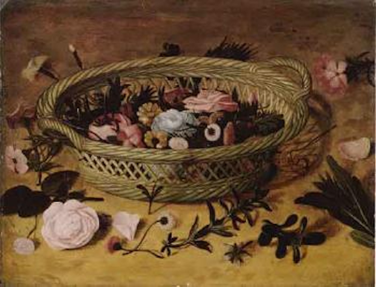 Still life of flowers in wicker basket, blooms and leaves scattered by Flemish School