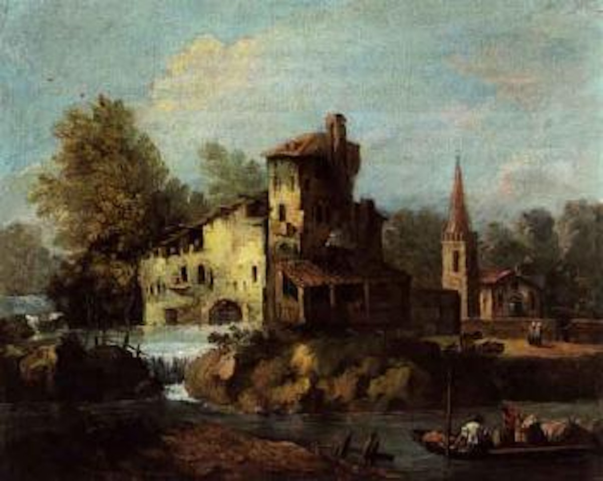 River landscape with buildings and figures by Francesco Zuccarelli