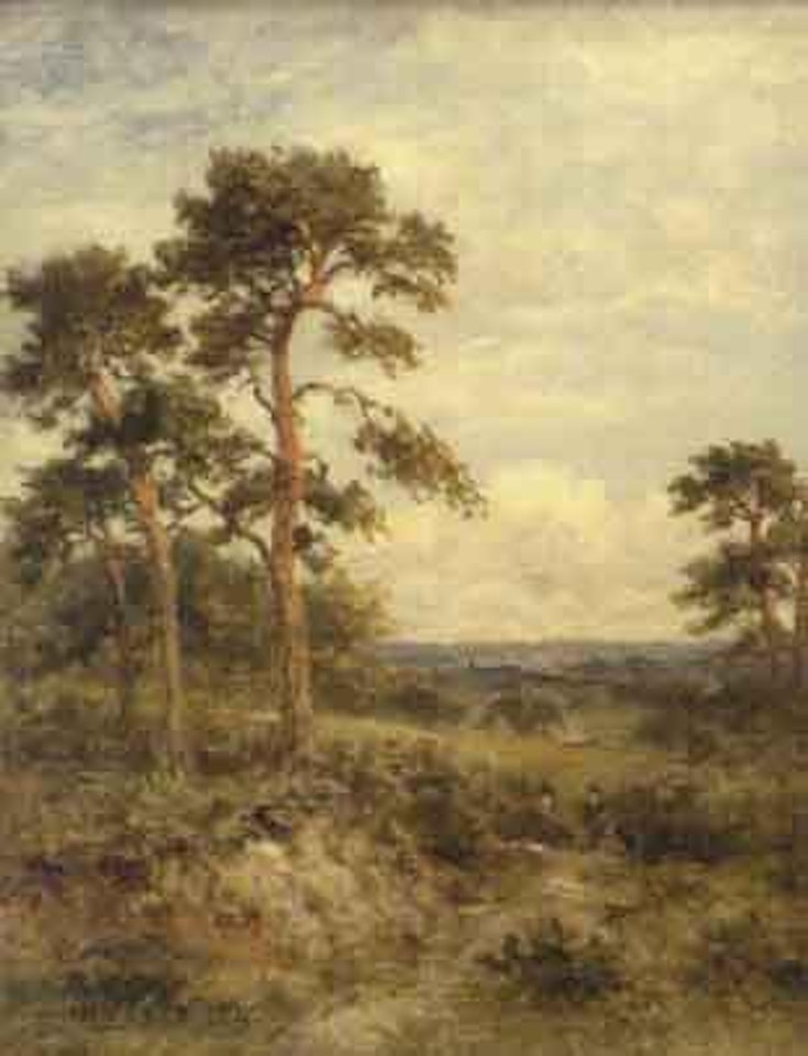 Figures and pine trees in an open landscape by Benjamin Williams Leader