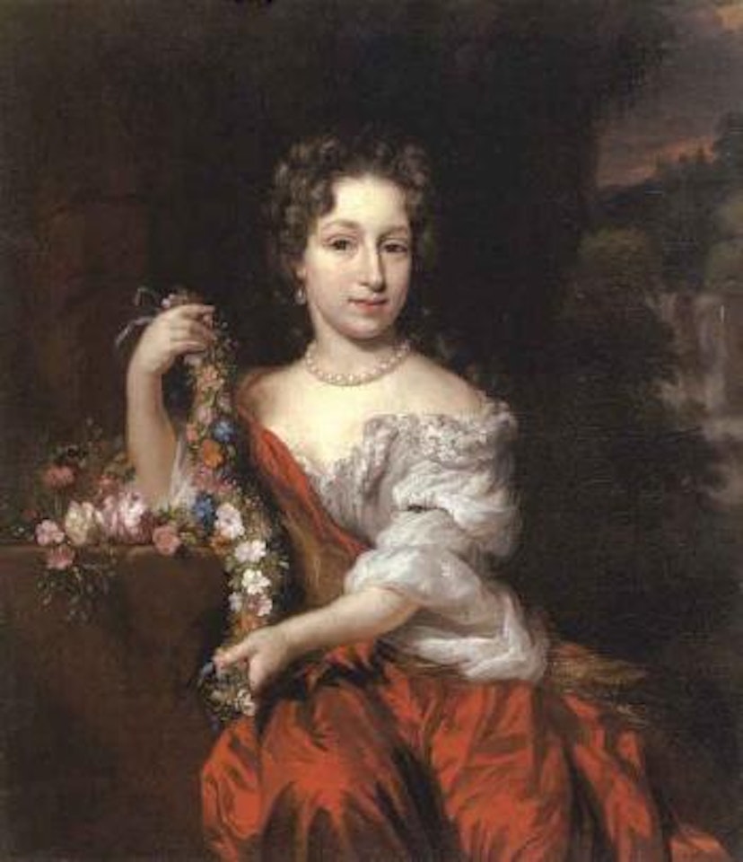 Portrait of young girl with flower garland by Nicolaes Maes