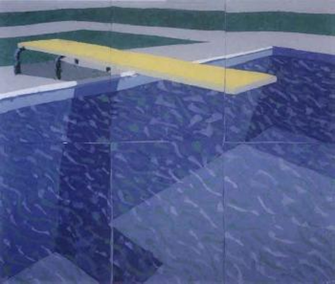 Diving board with still water on blue paper by David Hockney