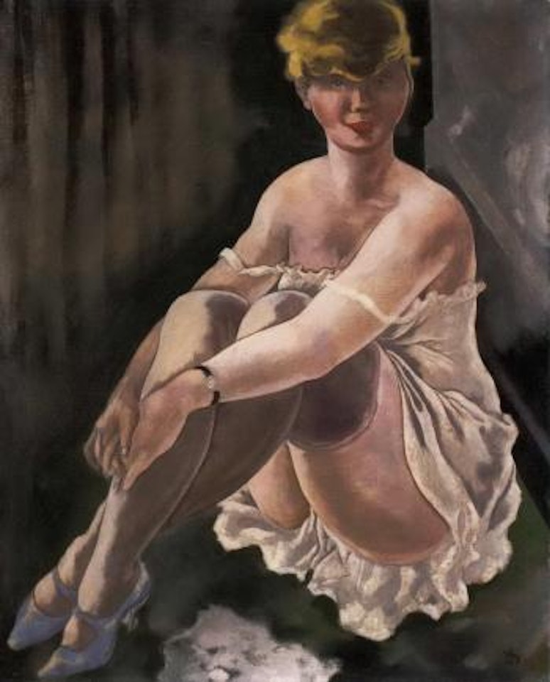Lotte Schmalhausen auf dem Tisch sitzend, mid angezogenen Beinen by George Grosz