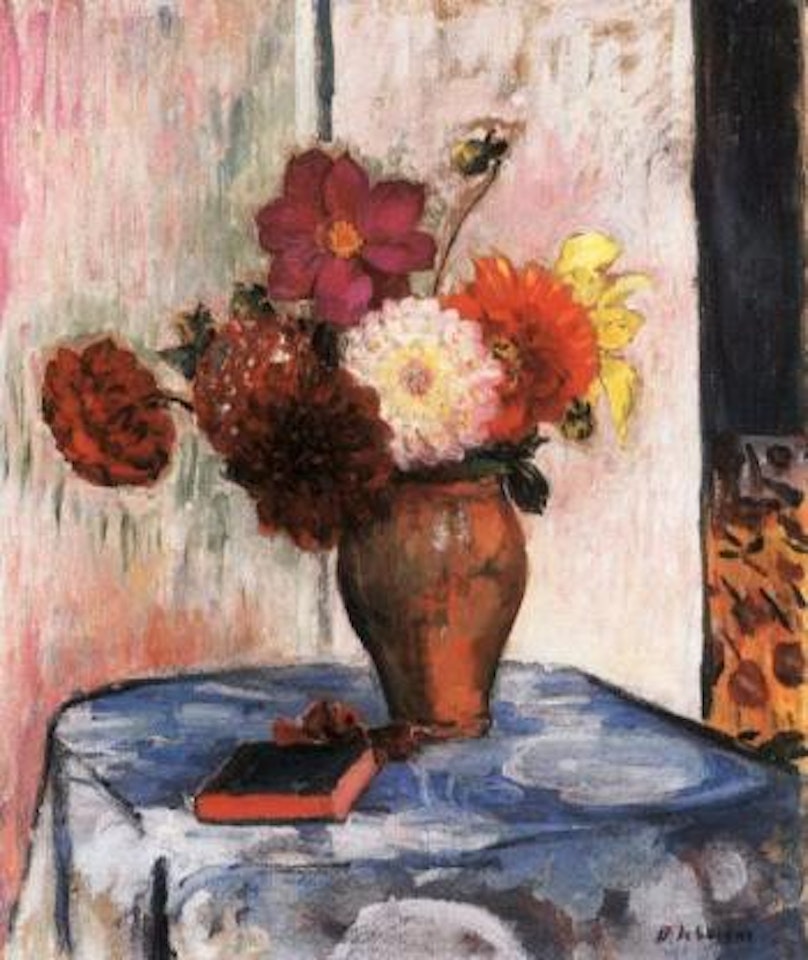 Vase de dalhias avec livre sur la table by Henri Lebasque