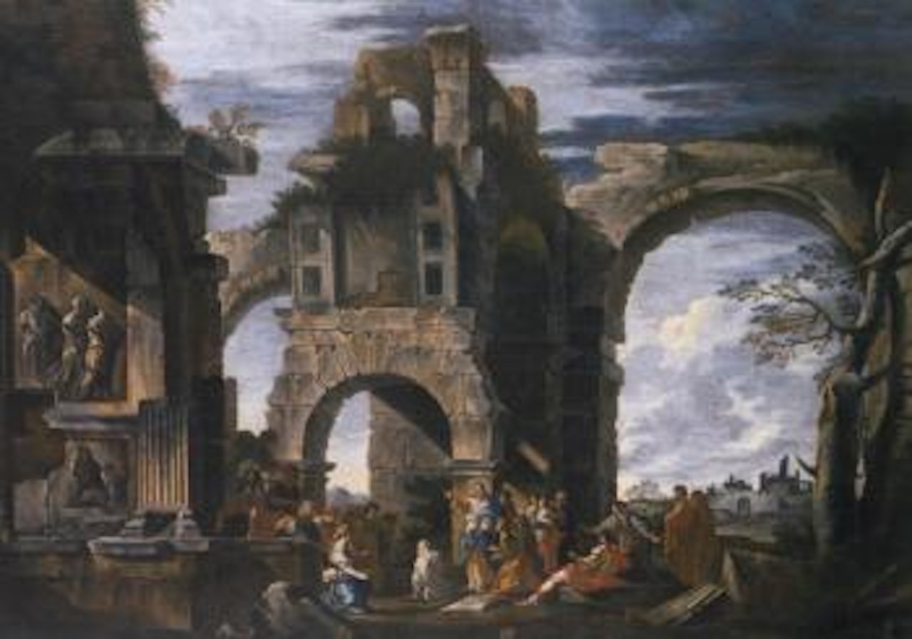 Architectural capriccio with the raising of Lazaus by Giovanni Ghisolfi