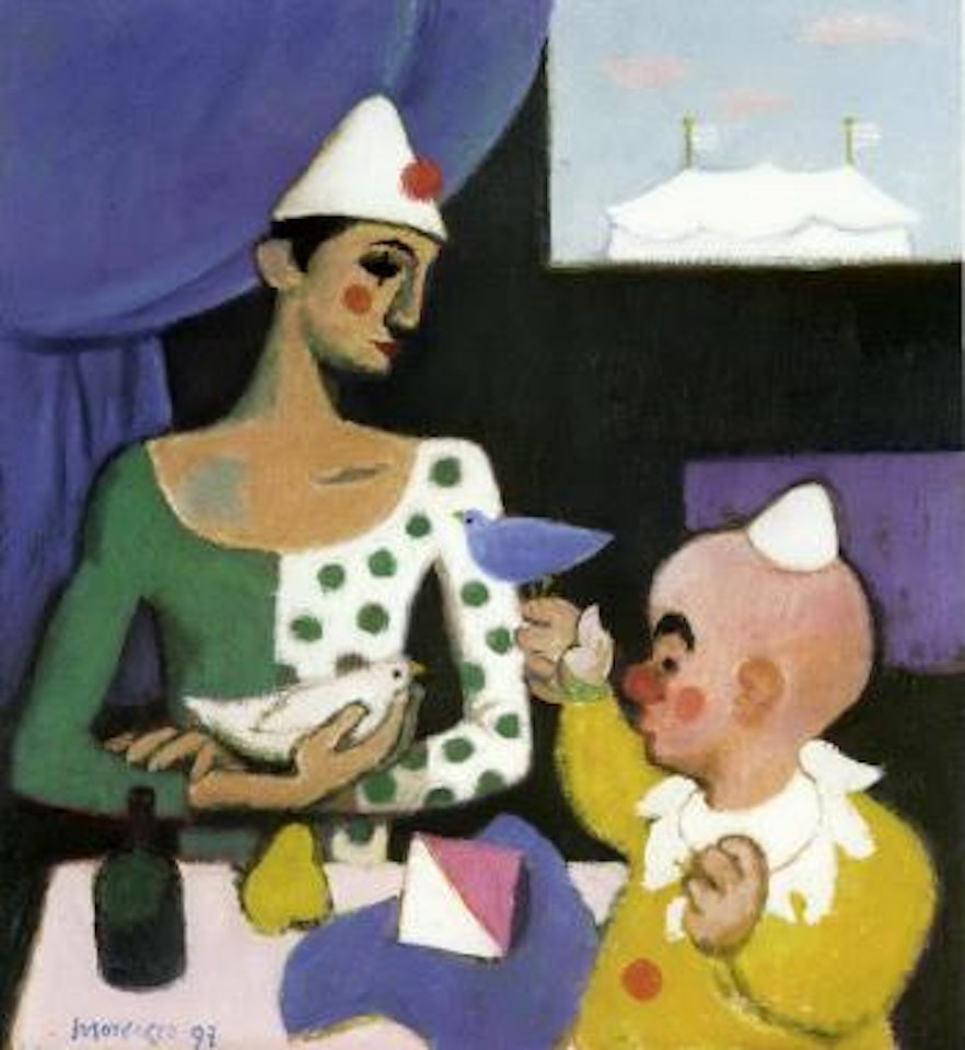 Two clowns with birds by Alberto Morrocco