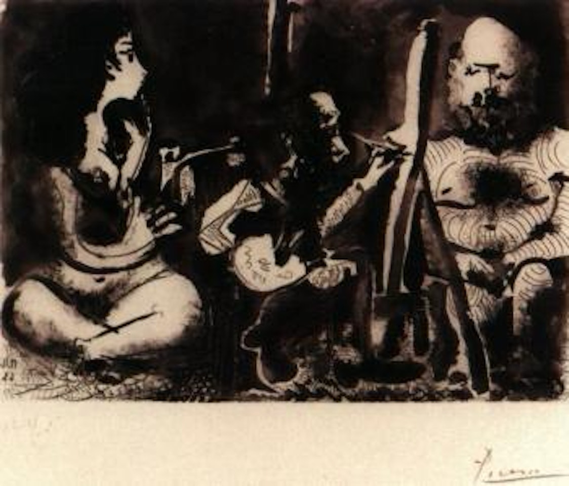 Peintre au travail avec modele barbu et une spectatrice assise en tailleur by Pablo Picasso