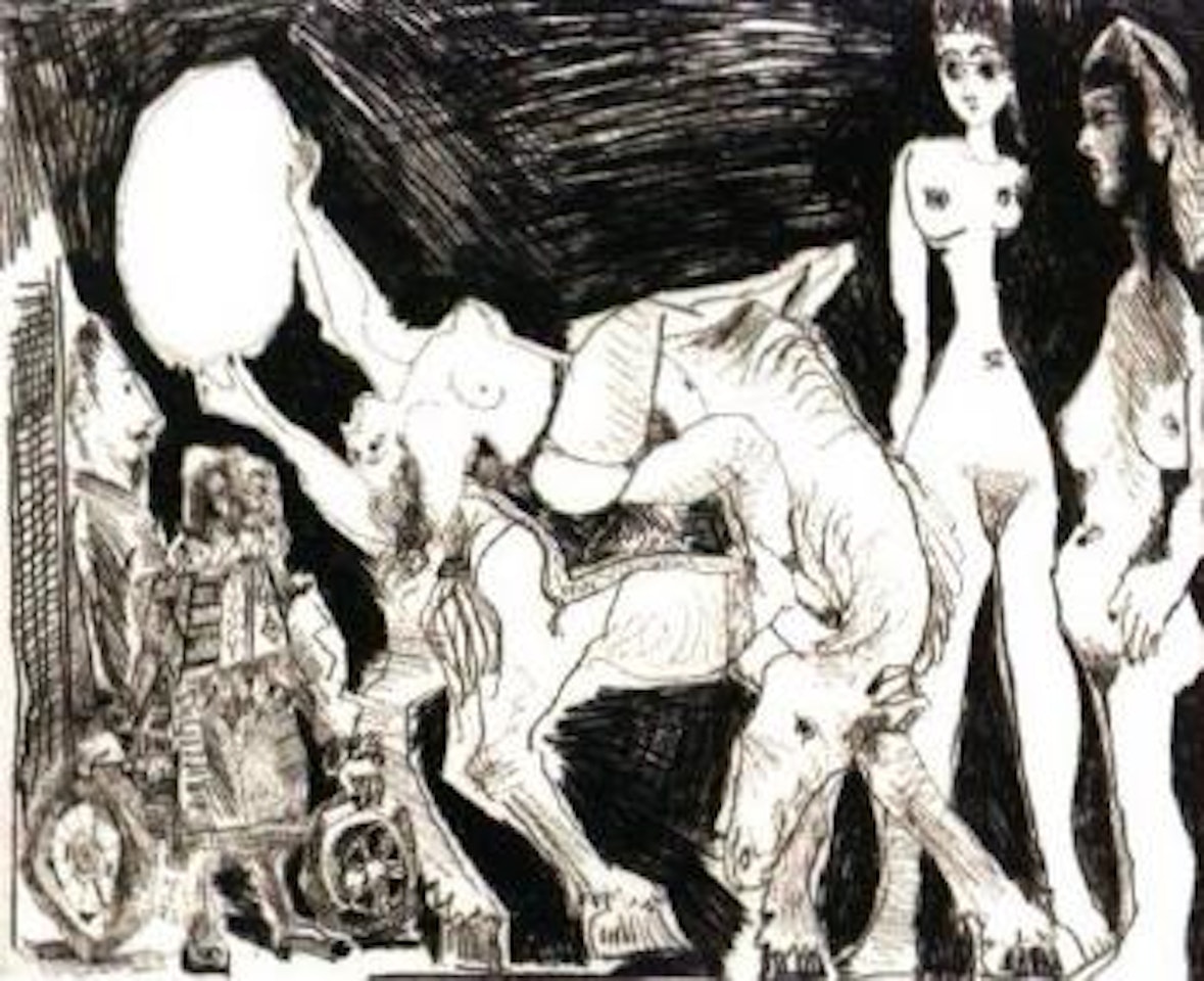 Cirque, ecuyere, femmes et spectateurs, dont un garagiste deguise by Pablo Picasso