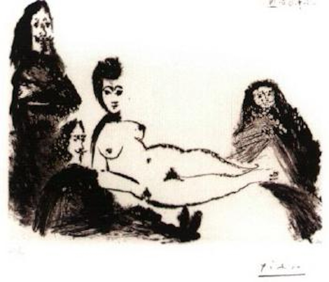 Jacqueline, en Maja Nue, avec la celestine et deux mousquetaires by Pablo Picasso