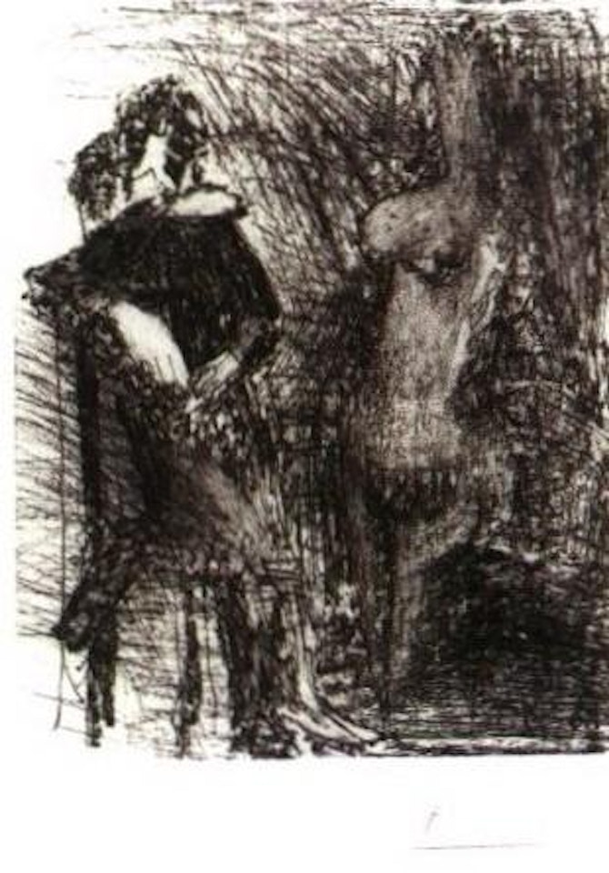 Homme accoude et a demi agenouille sur une chaise devant une femme by Pablo Picasso