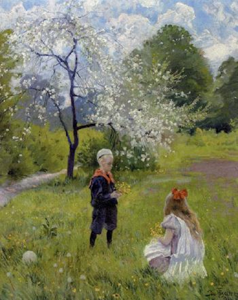 The garden at Hvidsten with artist's son Sigurd and friend picking flowers by Paul Fischer