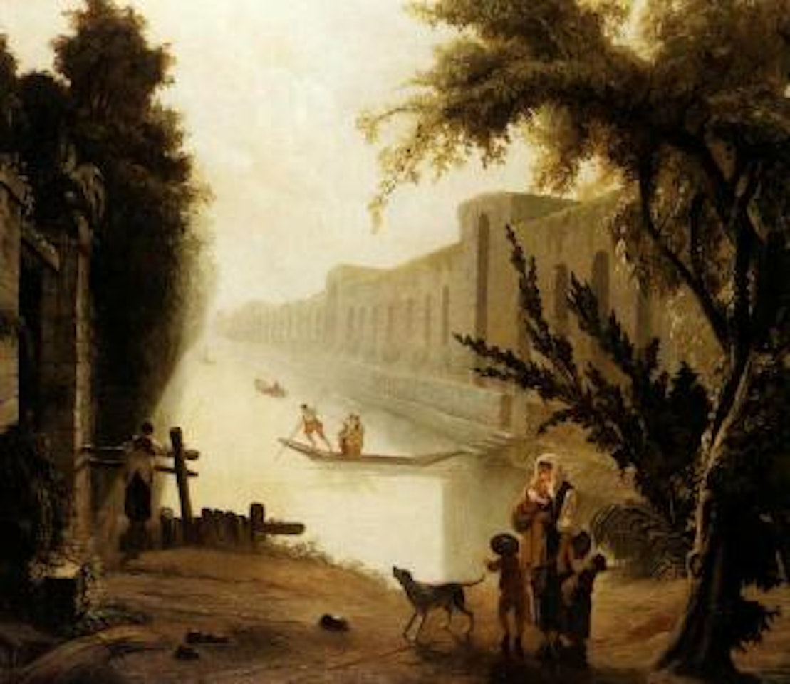 Lavandieres et pecheur aux pieds d'une cascade. Barques sur un canal by Hubert Robert