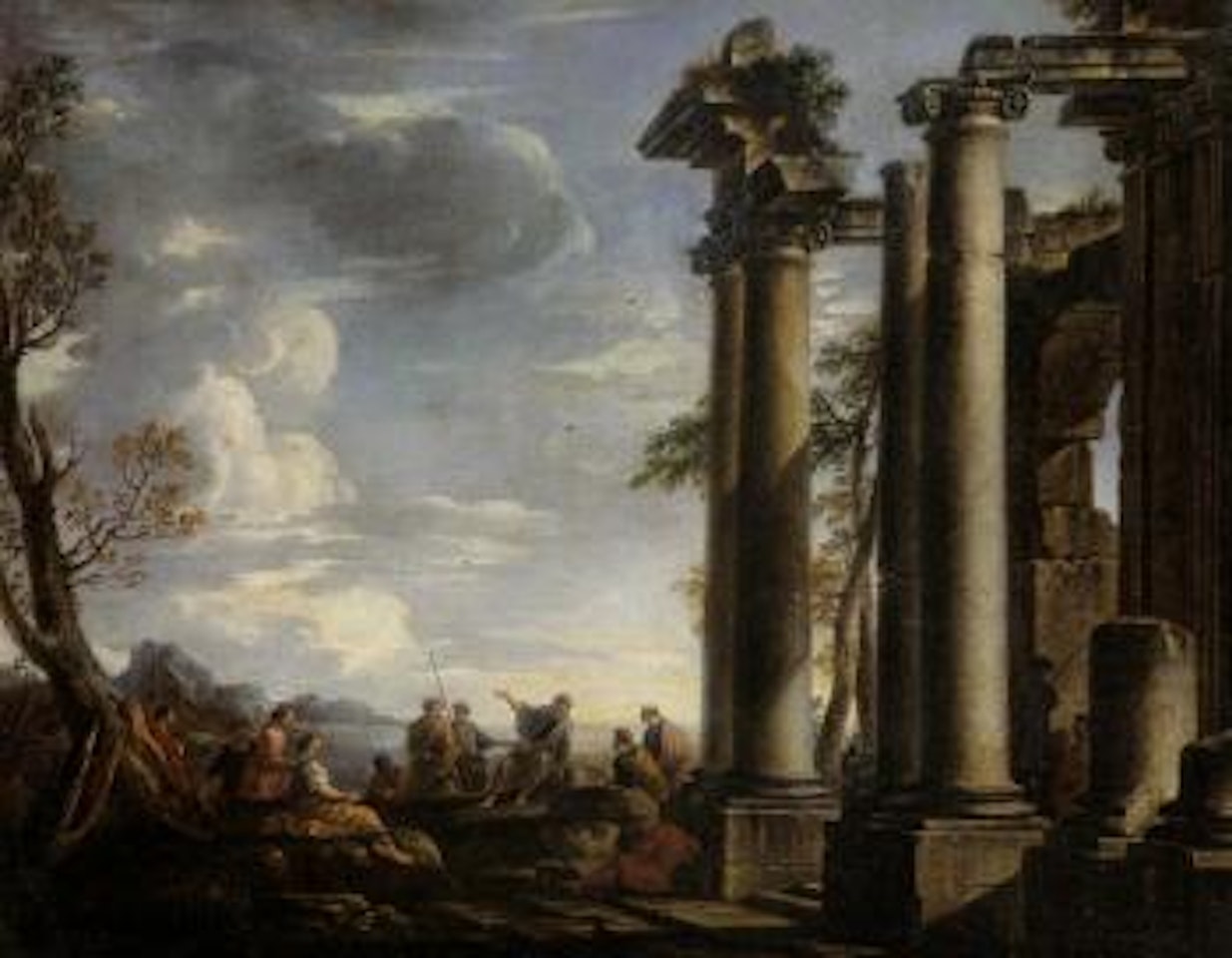 Reunion de personnages pres des ruines d'un temple antique by Giovanni Ghisolfi
