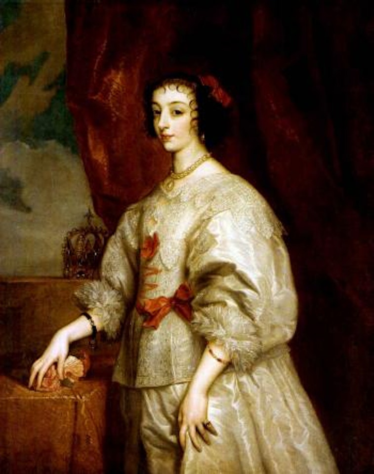 Portrait of Queen Henrietta Maria in white dress white red bows by Anthony van Dyck