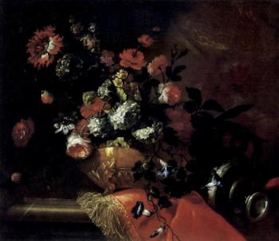Flowers in a sculpted vase on a draped ledge by Jean Baptiste Monnoyer