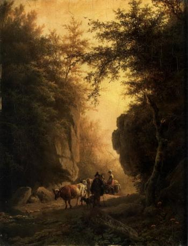 Figures and cattle on a rocky woodland path by Barend Cornelis Koekkoek