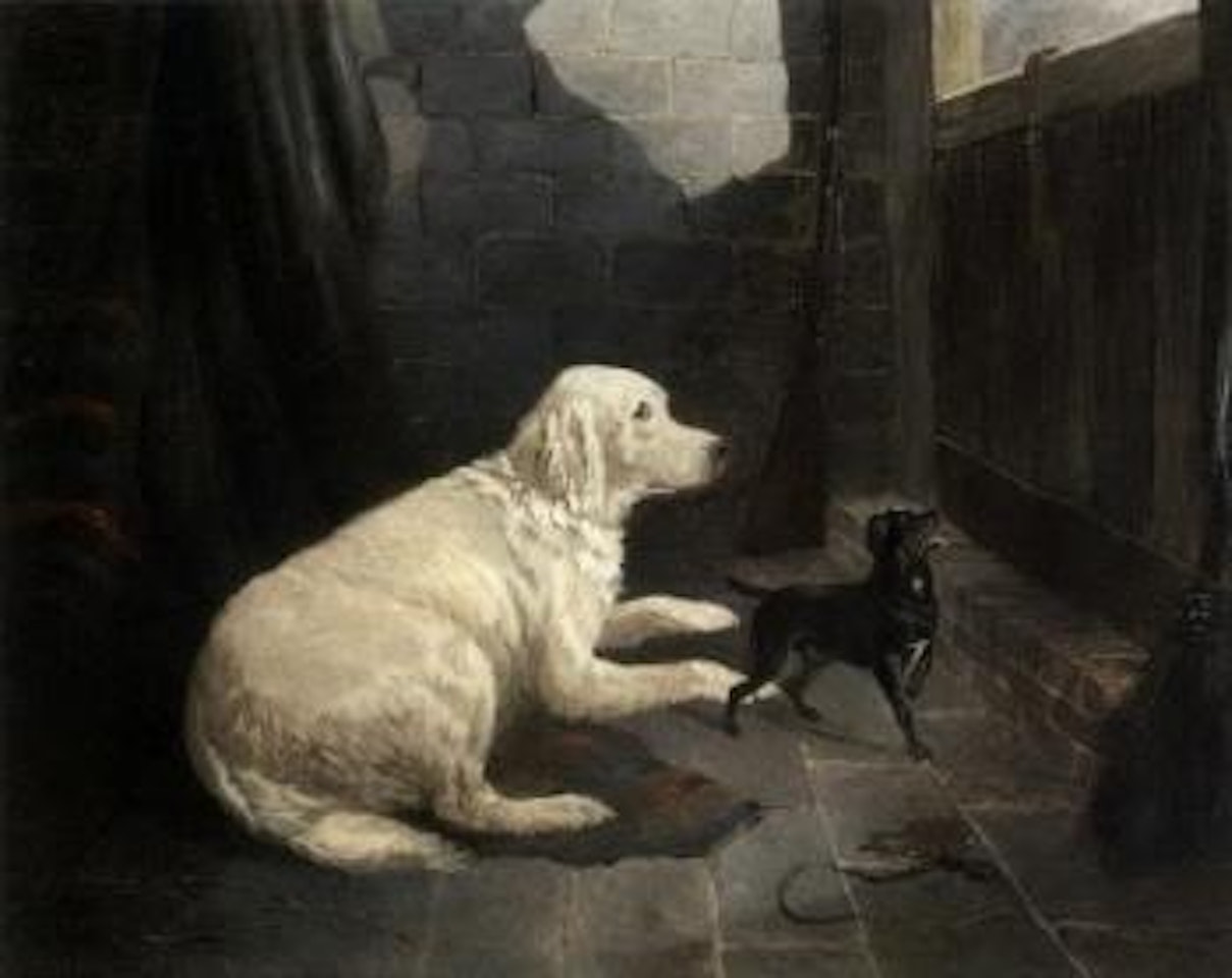Two dogs in a stable interior by John Frederick Herring