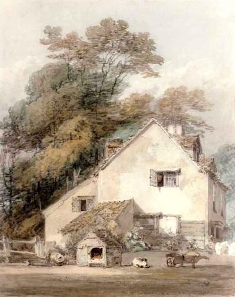 Dog asleep by its kennel outside a cottage by Joseph Mallord William Turner