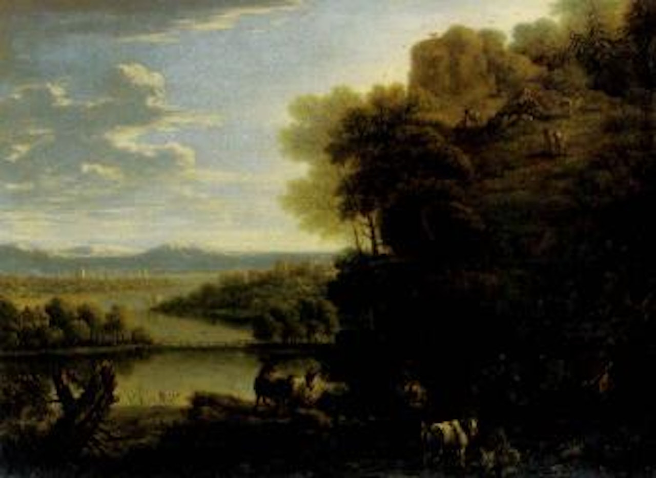 Goatherd and goats on rocky wooded outcrop before river landscape by John Wootton