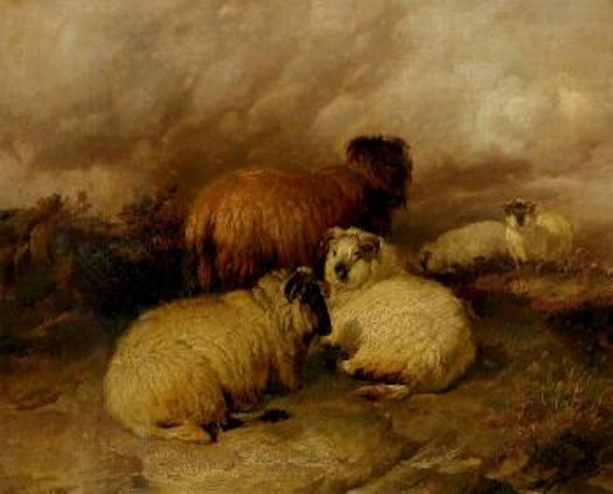 Sheep in moorland landscape by Thomas Sidney Cooper