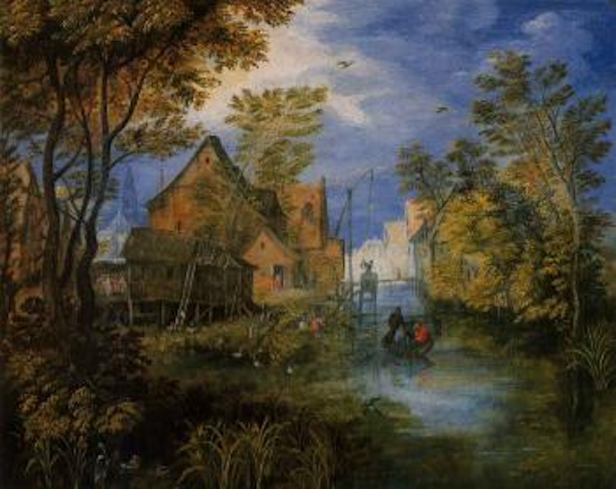 Village crossed by river with peasants in a boat by Jan Brueghel the Younger