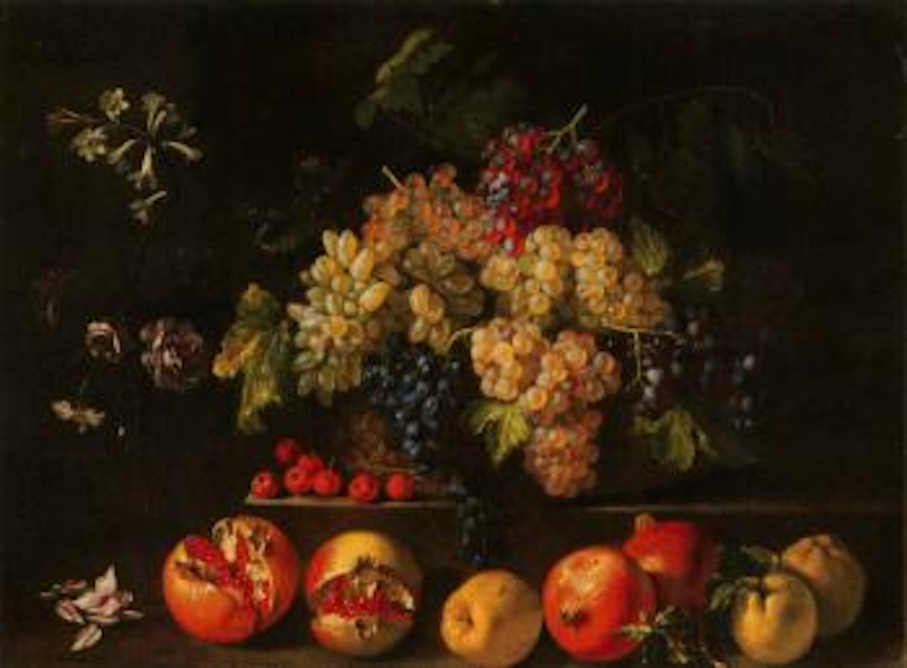 Vase with roses and other flowers. Vase with fruit by Roman School