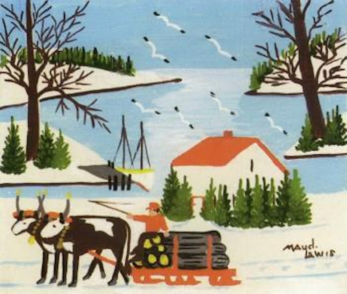 Pair of oxen hauling logs by Maud Lewis