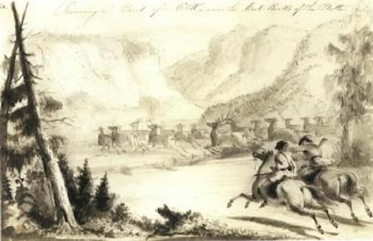 Running a bank of Elk, near the cut rocks of the platte by Alfred Jacob Miller