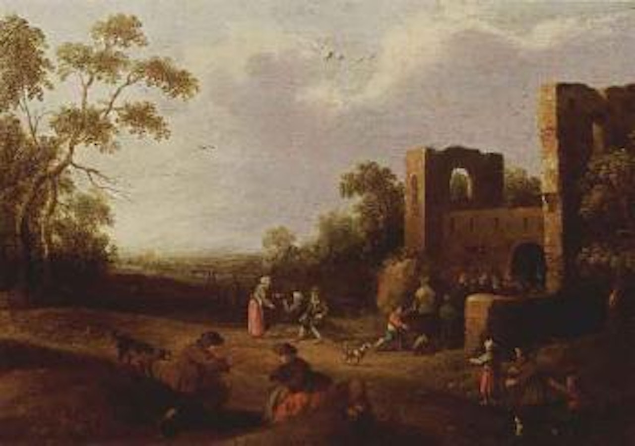 Landscape with figures entering a village, other figures with dogs in the foreground by Joost Cornelisz Droochsloot