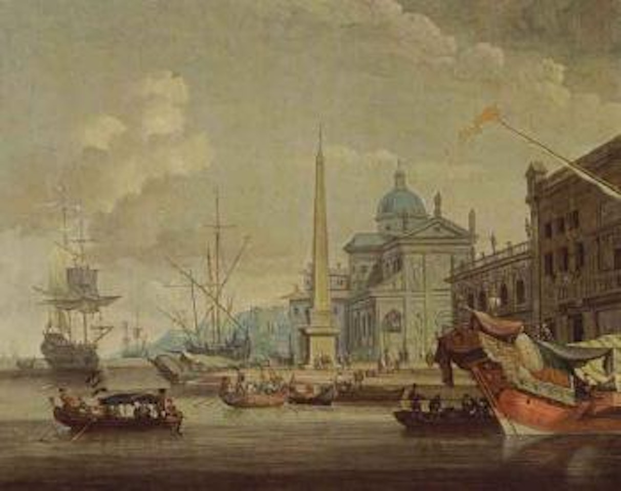 Mediterranean harbour scene with a San Giorgio Maggiore and the Biblioteca Marziana of Venice by Abraham Storck