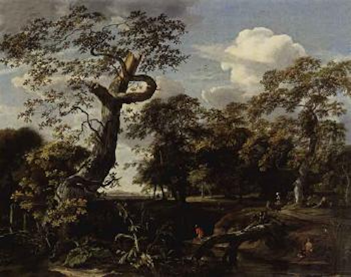 Wooded river landscape with fishermen, hunter and travellers by Jan Van Kessel The Elder