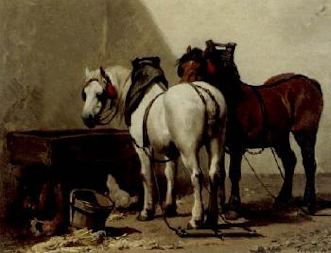 Saddled horses and chickens by Frans de Beul