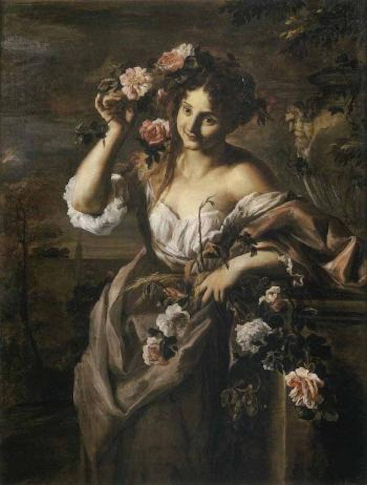 Woman with flowers in classical landscape by Abraham Brueghel by Guillaume Courtois